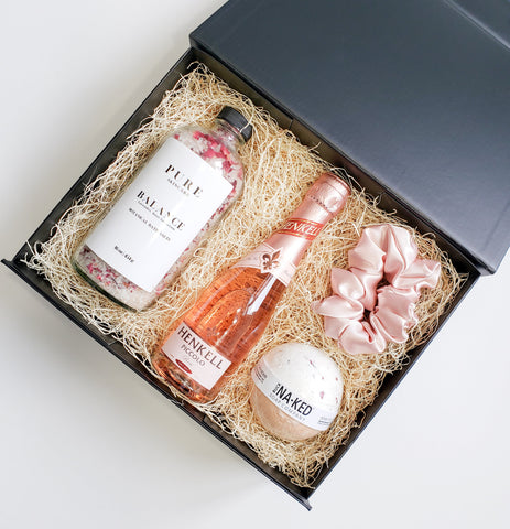 ardi foxe rest and recharge gift box with bath salts, champagne, bath bomb, pink scrunchie