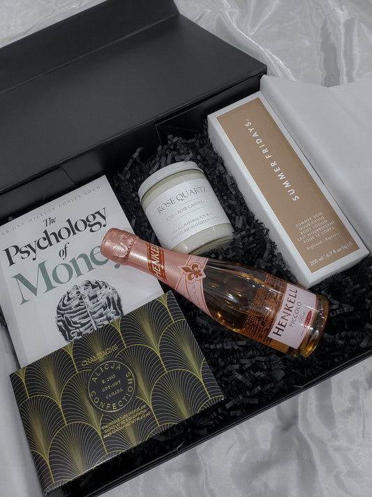 ardi foxe custom gift box with chocolate, champagne, candle, book, and luxury body lotion, summer fridays 20