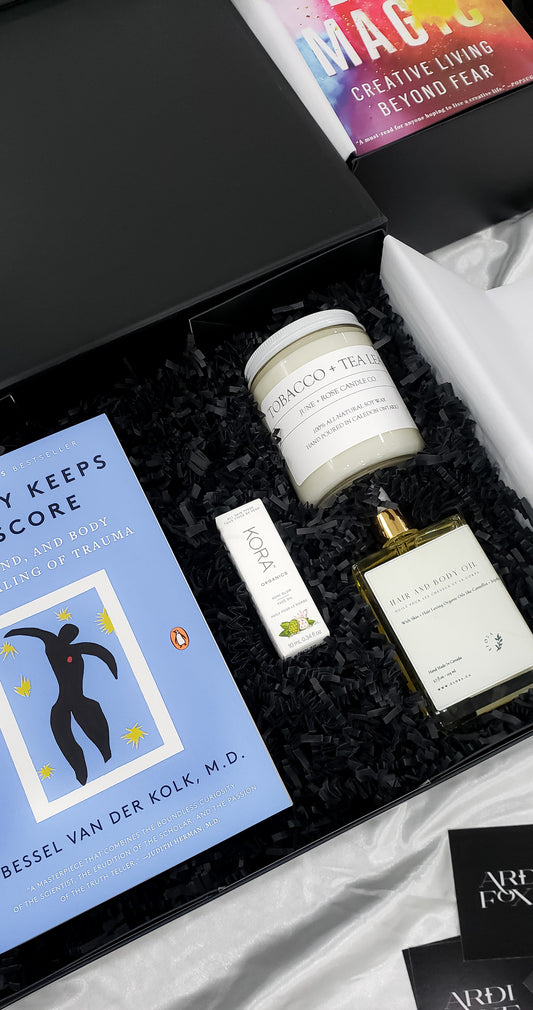 ardi foxe custom gift box with book, candle, body oil, luxury skincare 12