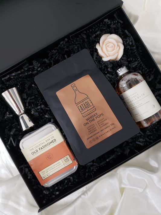 ardi foxe mens gift box ith whisky popcorn, rose candle, old fashions kit, coconut bubble bath 16