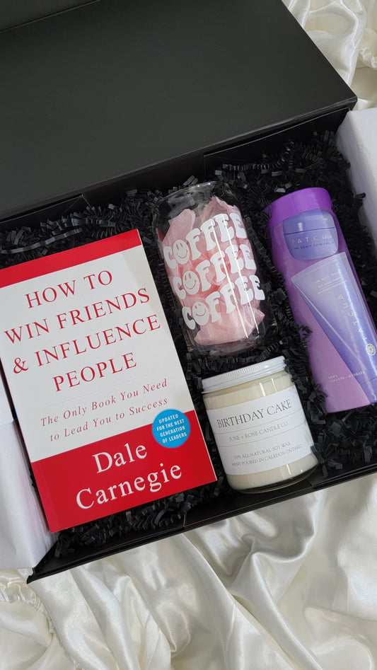 ardi foxe custom gift box with book, coffee mug, tatcha skin care and candle 15