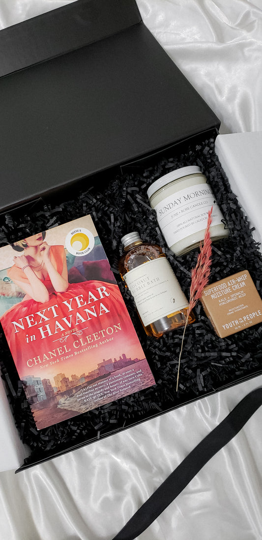 ardi foxe custom gift box with book, coconut bubble bath, candle, youth moisturizer 7