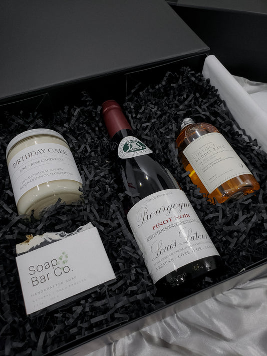 ardi foxe custom gift box with red wine, candle, soap, coconut bubble bath 5